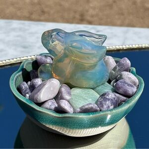 Opalite Bunny Rabbit Laying Atop Amazonite & Lepidolite Tumbles Green Glaze Bowl